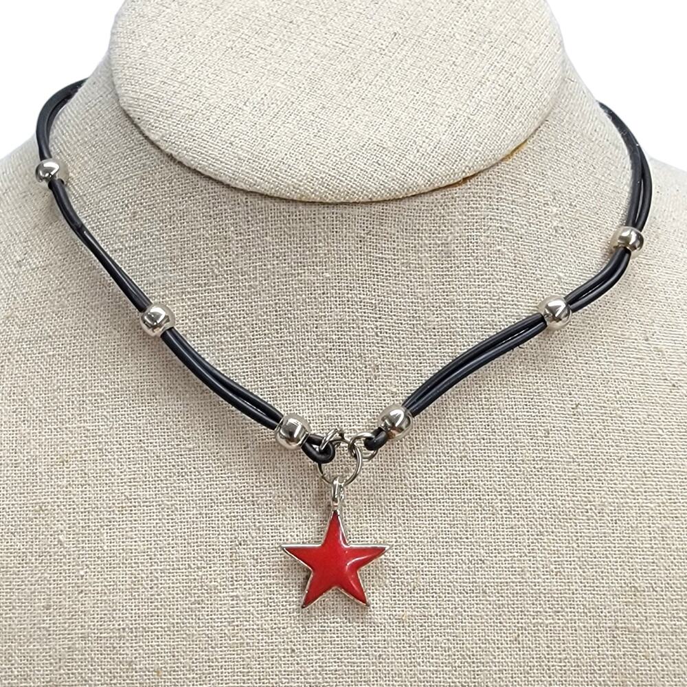 Vintage Tommy Hilfiger Red Star Pendant Choker Necklace Y2K Black Cord 90s